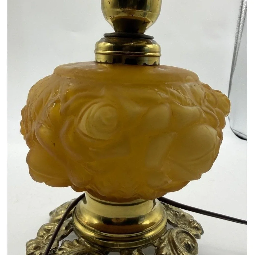 Fenton L.G. Wright Honey Amber Cased Glass Embossed Roses Electric Table Lamp